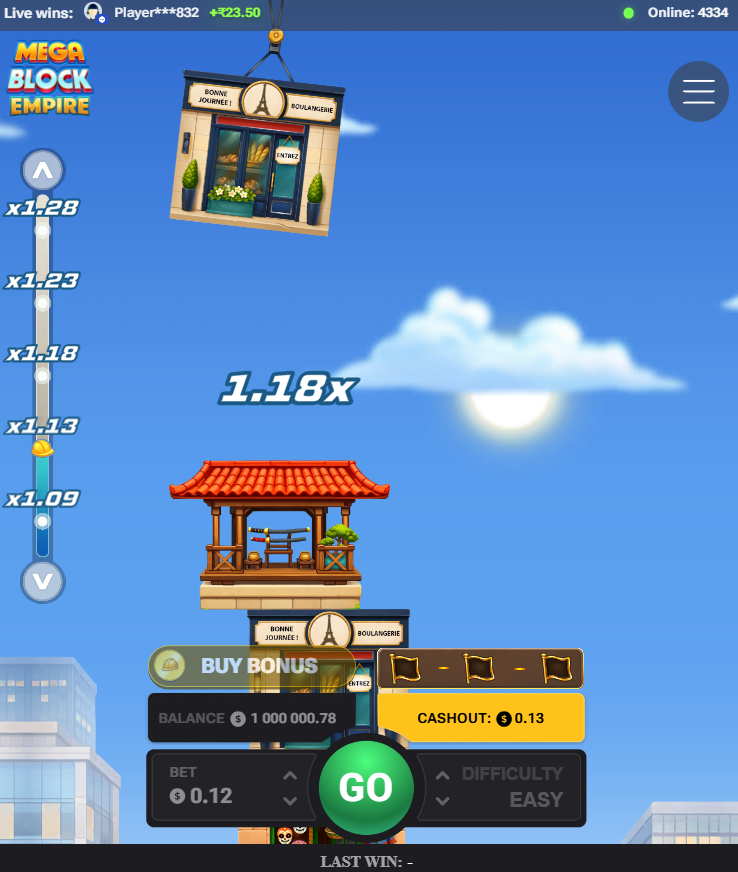 MegaBlock Empire app mobile, demo bonus casino, truffa e soldi veri: schermata verticale della gru