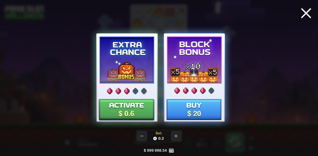 Mine Slot Halloween bonus casino demo app, codice promo e registrazione: finestra Extra Chance e Block Bonus su computer