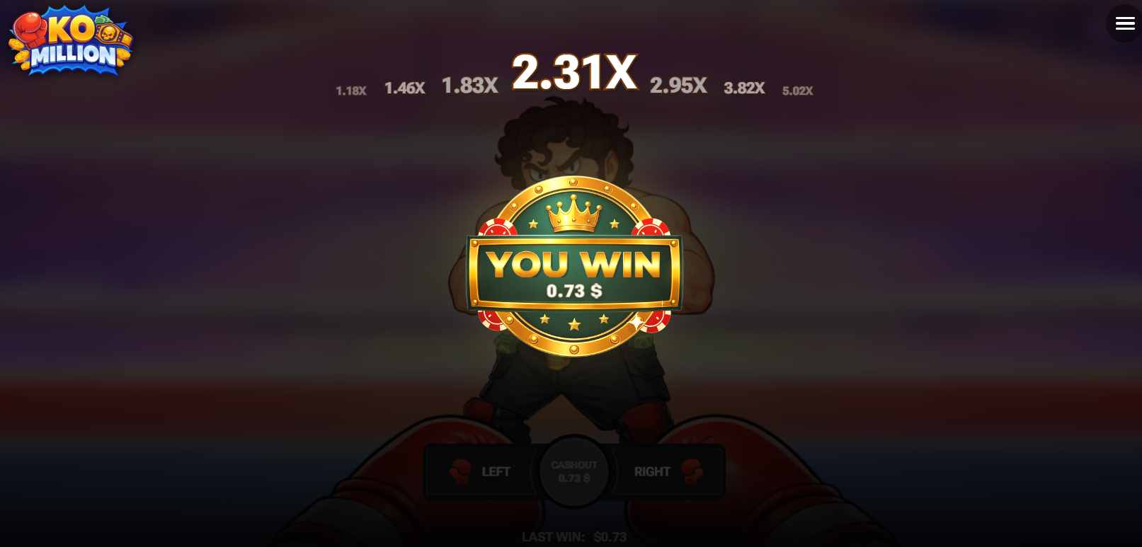 KO Million bonus casino online, demo app e gioco d'azzardo, codice promo: schermata You Win dopo il Cashout