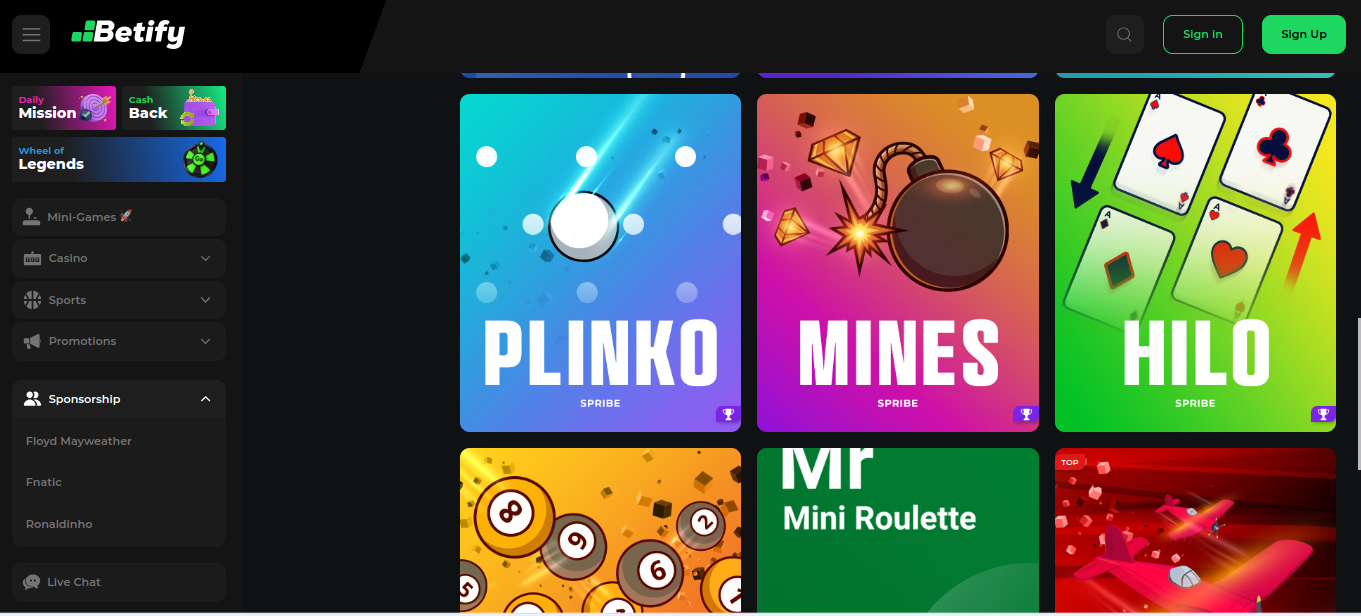 Sezione mini-giochi di Betify con Plinko, Mines e Hilo, bonus e opinioni sul casino online gratis