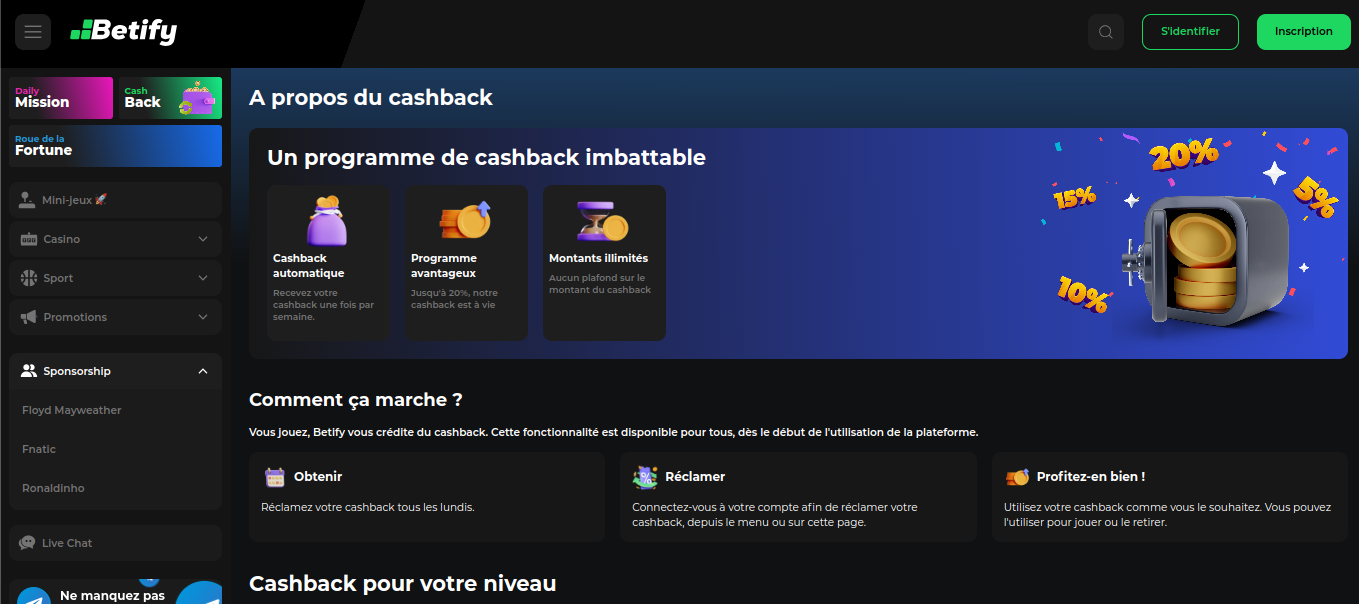 Pagina del programma cashback settimanale di Betify, bonus del casino e opinioni con soldi veri